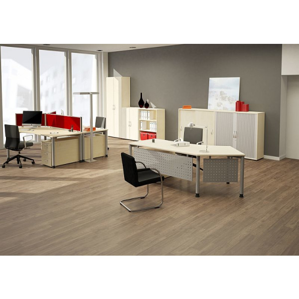 Gera Winkel-Schreibtisch 4 Fuß Flex 135° links höhenverstellbar 2166x1130x680-800mm ahorn buche lichtgrau weiß
