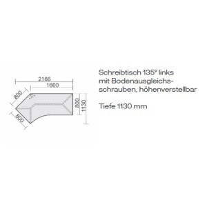 Gera Winkel-Schreibtisch 4 Fuß Flex 135° links höhenverstellbar 2166x1130x680-800mm ahorn buche lichtgrau weiß