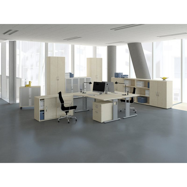 Gera PC-Schreibtisch Bürotisch C Fuß Flex links höhenverstellbar 1800x800/1000x680-820mm ahorn buche lichtgrau weiß