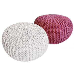 Sitzhocker Pouf SET 2 Stück Ø 55 cm H 37 cm Strickhocker Grobstrick-Optik weiss rot
