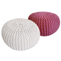 Sitzhocker Pouf SET 2 Stück Ø 55 cm H 37 cm Strickhocker Grobstrick-Optik weiss rot