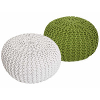 Sitzhocker Pouf SET 2 Stück Ø 55 cm H 37 cm Strickhocker Grobstrick-Optik weiss grün