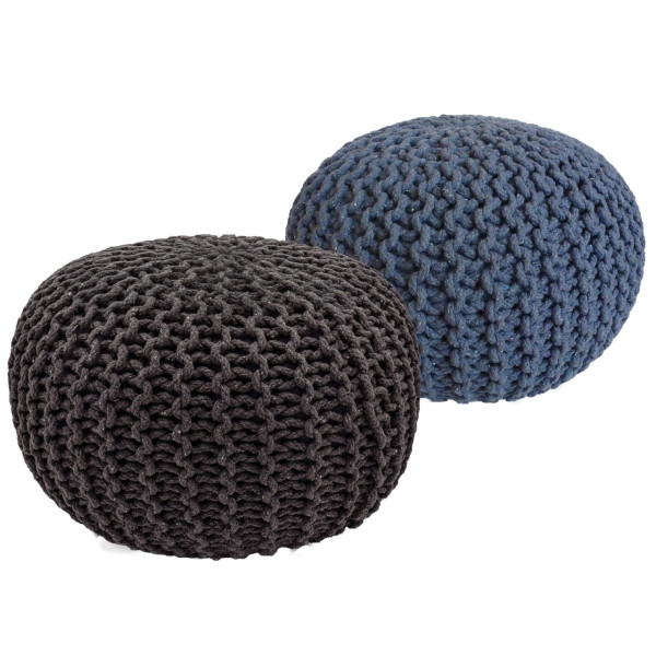 Sitzhocker Pouf SET 2 Stück H 37 cm Strickhocker Grobstrick-Optik schwarz blau
