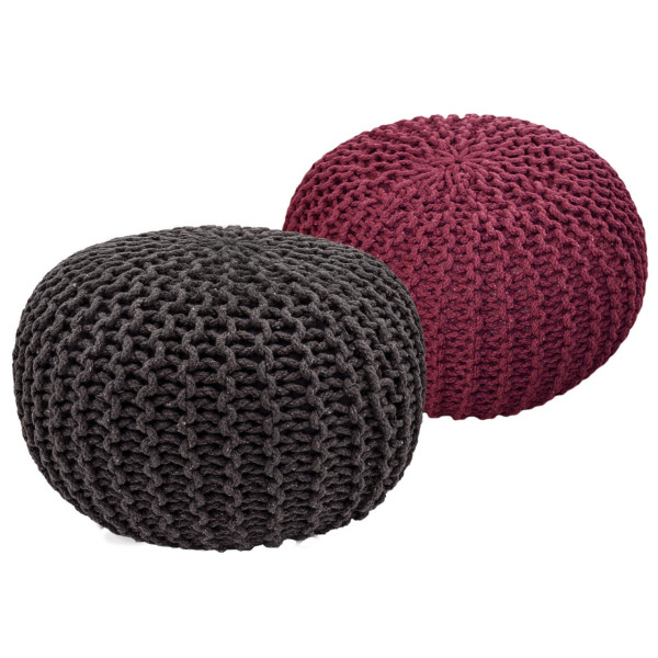 Sitzhocker Pouf SET 2 Stück Ø 55 cm H 37 cm Strickhocker Grobstrick-Optik schwarz rot