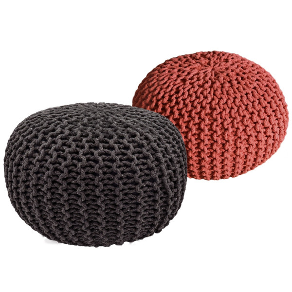 Sitzhocker Pouf SET 2 Stück Ø 55 cm H 37 cm Strickhocker Bodenkissen Grobstrick-Optik nachhaltig