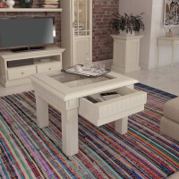 Couchtisch Beistelltisch quadratisch 70x70 cm mit Glasplatte und Schubkasten Pinie lipizano massiv
