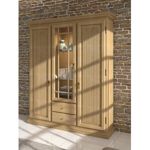 Wohnwand Vitrinen-Schrank B 162 H 198 cm 3 Türen 2 Schubladen Duett Pinie karamell  massiv