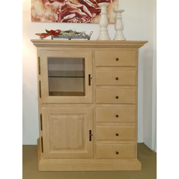 Vertiko Sideboard Duett B 102 H 121 cm 1 Holztür 1 Glastür 6 Holzschubladen Pinie massiv