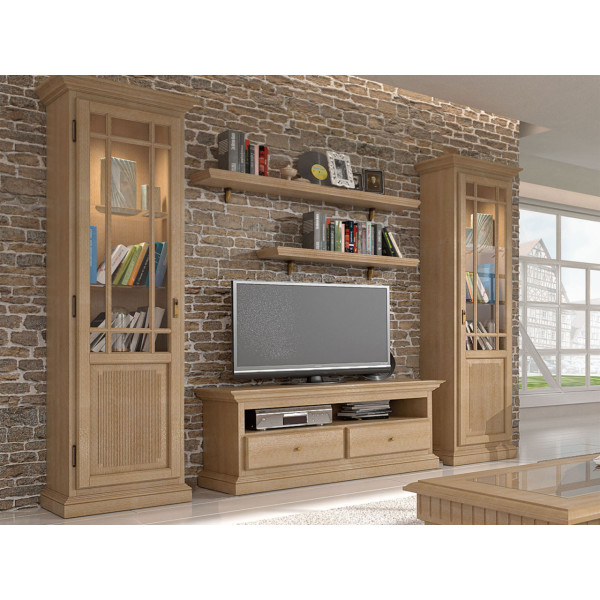 Wohnwand Wohnzimmer Schrank Set Duett 2 Vitrinen TV Schrank 2 Bücher-Regale Duett Pinie massiv