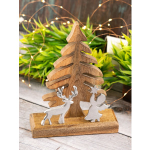 Holzfigur Weihnachtsbaum mit Hirsch u. Engel 20x27cm Weihnachtsdeko Mangoholz Aluminium