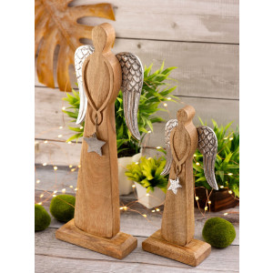 Dekofigur Engel 2er Set 12/16x32/47cm Weihnachtsdeko Aufsteller Mangoholz Aluminium