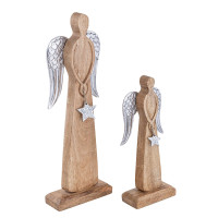 Dekofigur Engel 2er Set 12/16x32/47cm Weihnachtsdeko Aufsteller Mangoholz Aluminium