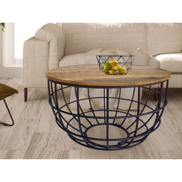 Couchtisch rund nachhaltig Lexington ø 75 cm Metall Gitter Drahtgestell Massivholz Wohnzimmer-Tisch