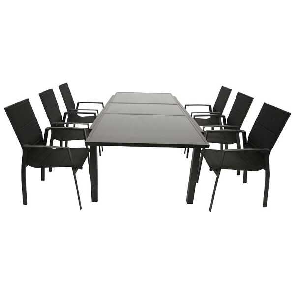 Gartenset Garnitur 7-teilig, Aluminium schwarz, Textillene, Glasplatte