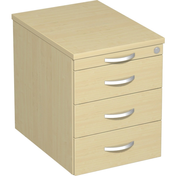 Gera Rollcontainer 3 Kunststoff-Schubfächer und Utensilienschubfach, Metall-Rollschubführung, Zentralverriegelung, verdeckte Doppel-Lenkrollen, 438x600x565, Ahorn/Ahorn
