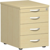 Gera Rollcontainer 3 Kunststoff-Schubfächer und Utensilienschubfach, Metall-Rollschubführung, Zentralverriegelung, verdeckte Doppel-Lenkrollen, 438x600x565, Ahorn/Ahorn