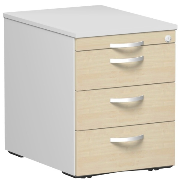 Gera Rollcontainer 3 Kunststoff-Schubfächer und Utensilienschubfach, Metall-Rollschubführung, Zentralverriegelung, verdeckte Doppel-Lenkrollen, 438x600x565, Ahorn/Lichtgrau
