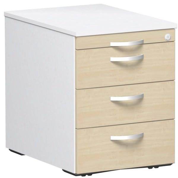 Gera Rollcontainer 3 Kunststoff-Schubfächer und Utensilienschubfach, Metall-Rollschubführung, Zentralverriegelung, verdeckte Doppel-Lenkrollen, 438x600x565, Ahorn/Weiß