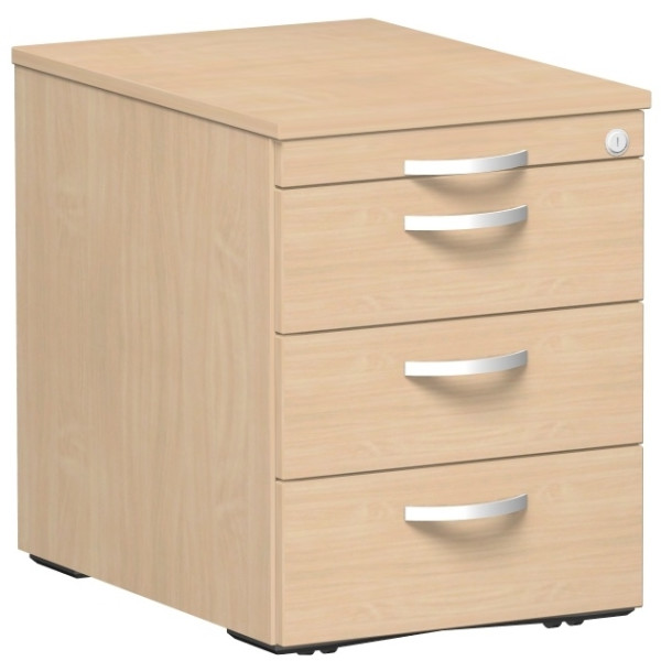 Gera Rollcontainer 3 Kunststoff-Schubfächer und Utensilienschubfach, Metall-Rollschubführung, Zentralverriegelung, verdeckte Doppel-Lenkrollen, 438x600x565, Buche/Buche