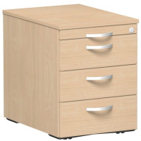 Gera Rollcontainer 3 Kunststoff-Schubfächer und Utensilienschubfach, Metall-Rollschubführung, Zentralverriegelung, verdeckte Doppel-Lenkrollen, 438x600x565, Buche/Buche