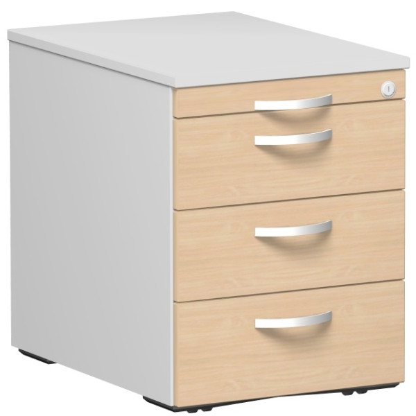 Gera Rollcontainer 3 Kunststoff-Schubfächer und Utensilienschubfach, Metall-Rollschubführung, Zentralverriegelung, verdeckte Doppel-Lenkrollen, 438x600x565, Buche/Lichtgrau