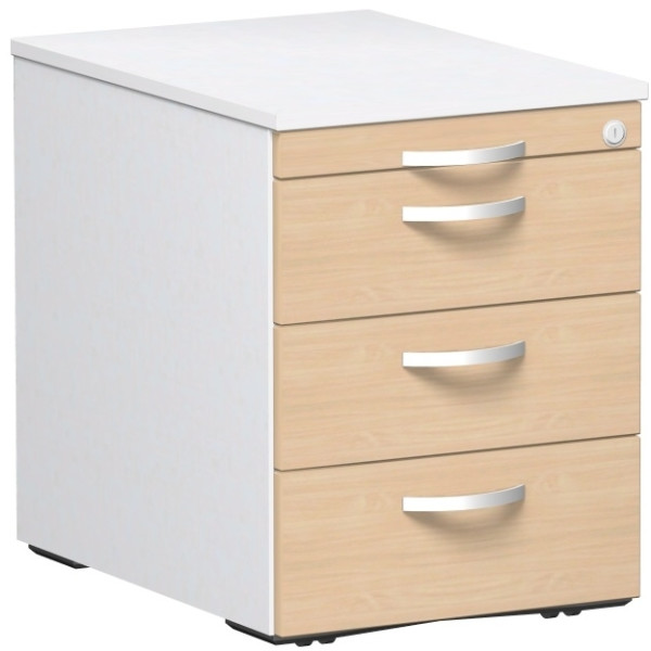 Gera Rollcontainer 3 Kunststoff-Schubfächer und Utensilienschubfach, Metall-Rollschubführung, Zentralverriegelung, verdeckte Doppel-Lenkrollen, 438x600x565, Buche/Weiß