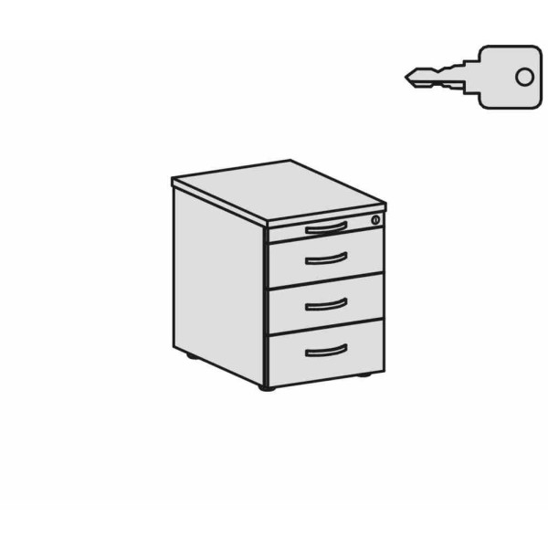 Gera Rollcontainer 3 Kunststoff-Schubfächer und Utensilienschubfach, Metall-Rollschubführung, Zentralverriegelung, verdeckte Doppel-Lenkrollen, 438x600x565, Nussbaum/Nussbaum