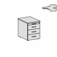 Gera Rollcontainer 3 Kunststoff-Schubfächer und Utensilienschubfach, Metall-Rollschubführung, Zentralverriegelung, verdeckte Doppel-Lenkrollen, 438x600x565, Nussbaum/Nussbaum