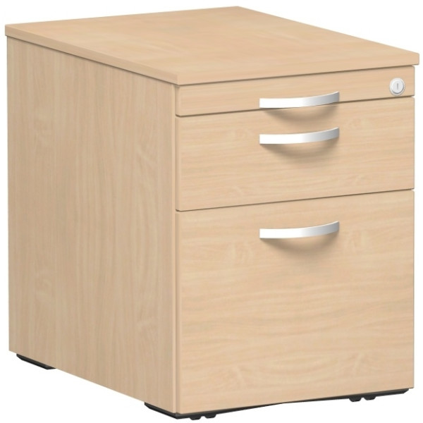 Gera Rollcontainer Hängeregistratur und 1 Kunststoff-Schubfach, mit Utensilienschubfach, Metall-Rollschubführung, Zentralverriegelung, verdeckte Doppel-Lenkrollen, 438x600x565, Buche/Buche