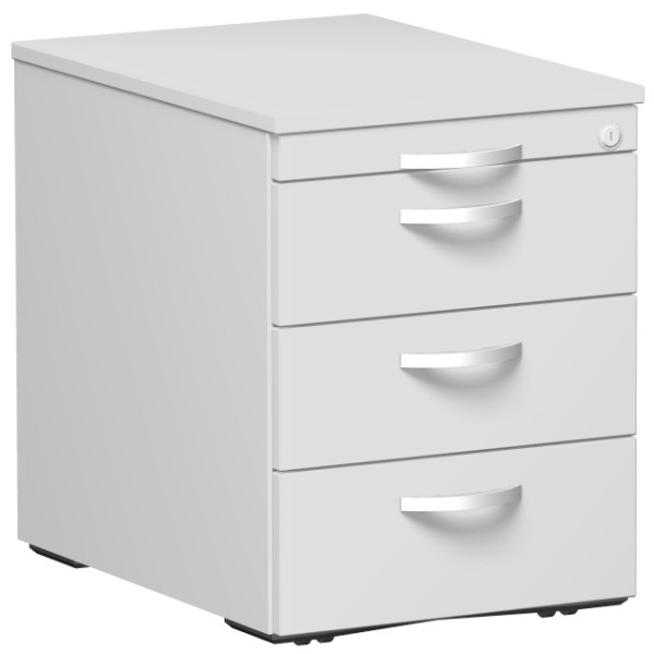 Gera Rollcontainer mit 3 Metall-Schubfächern und Utensilienschubfach, Metall-Rollschubführung, Zentralverriegelung, verdeckte Doppel-Lenkrollen, 438x600x565, Lichtgrau/Lichtgrau