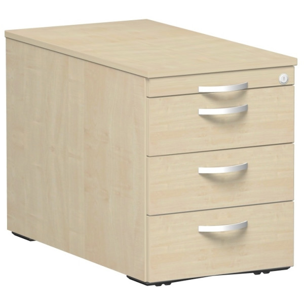 Gera Rollcontainer mit 3 Metall-Schubfächern und Utensilienschubfach, Metall-Rollschubführung, Zentralverriegelung, verdeckte Doppel-Lenkrollen, 438x800x565, Ahorn/Ahorn