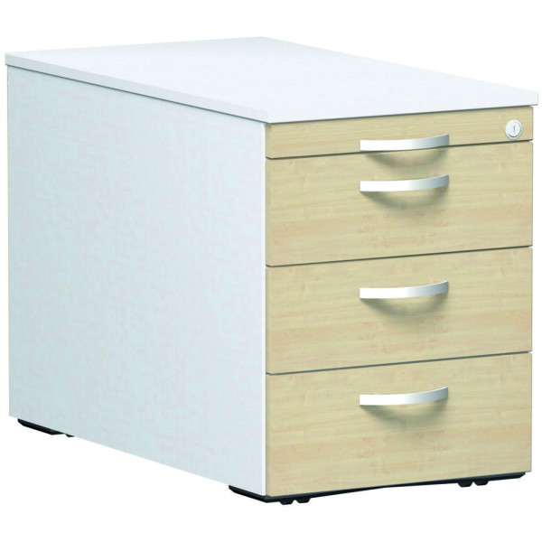 Gera Rollcontainer mit 3 Metall-Schubfächern und Utensilienschubfach, Metall-Rollschubführung, Zentralverriegelung, verdeckte Doppel-Lenkrollen, 438x800x565, Ahorn/Weiß