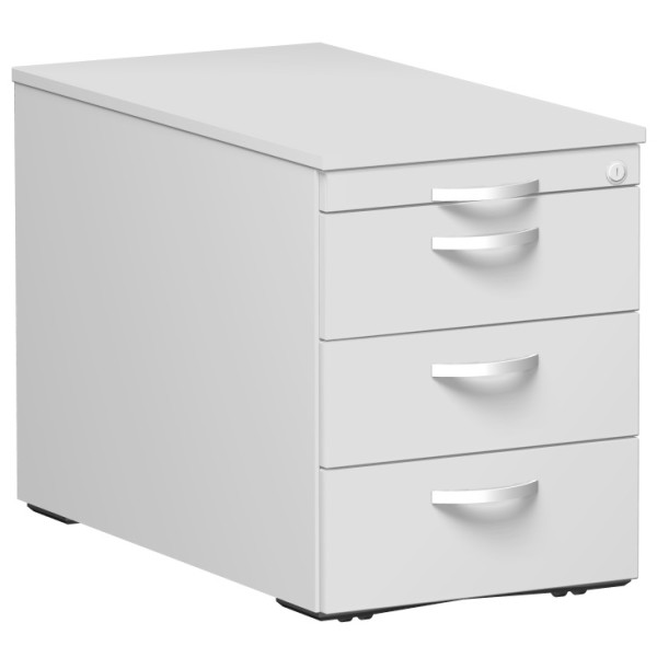 Gera Rollcontainer mit 3 Metall-Schubfächern und Utensilienschubfach, Metall-Rollschubführung, Zentralverriegelung, verdeckte Doppel-Lenkrollen, 438x800x565, Lichtgrau/Lichtgrau