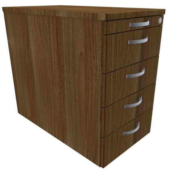 Gera Standcontainer mit 4 Metall-Schubfächern und Utensilienschubfach, Metall-Rollschubführung, Zentralverriegelung, 438x800x720, Nussbaum/Nussbaum/Nussbaum