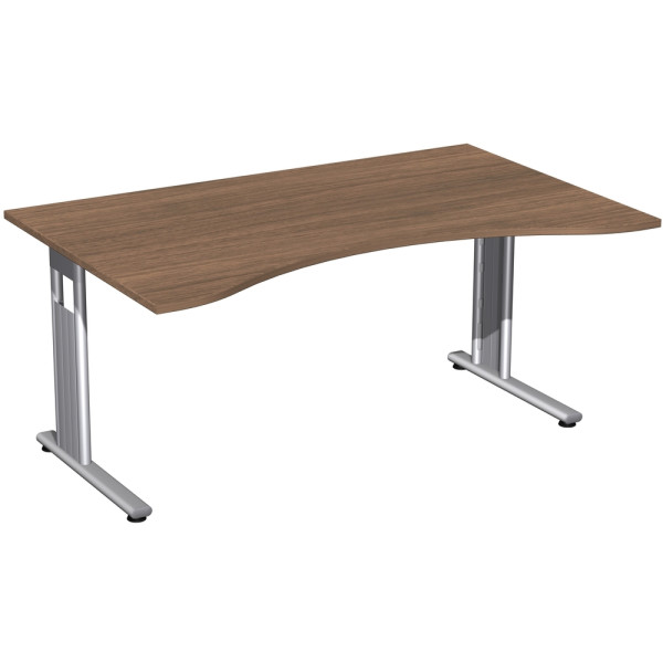 Gera Flex Schreibtisch Ergonomieform feste Höhe, 1600x1000x720, Nussbaum/Silber