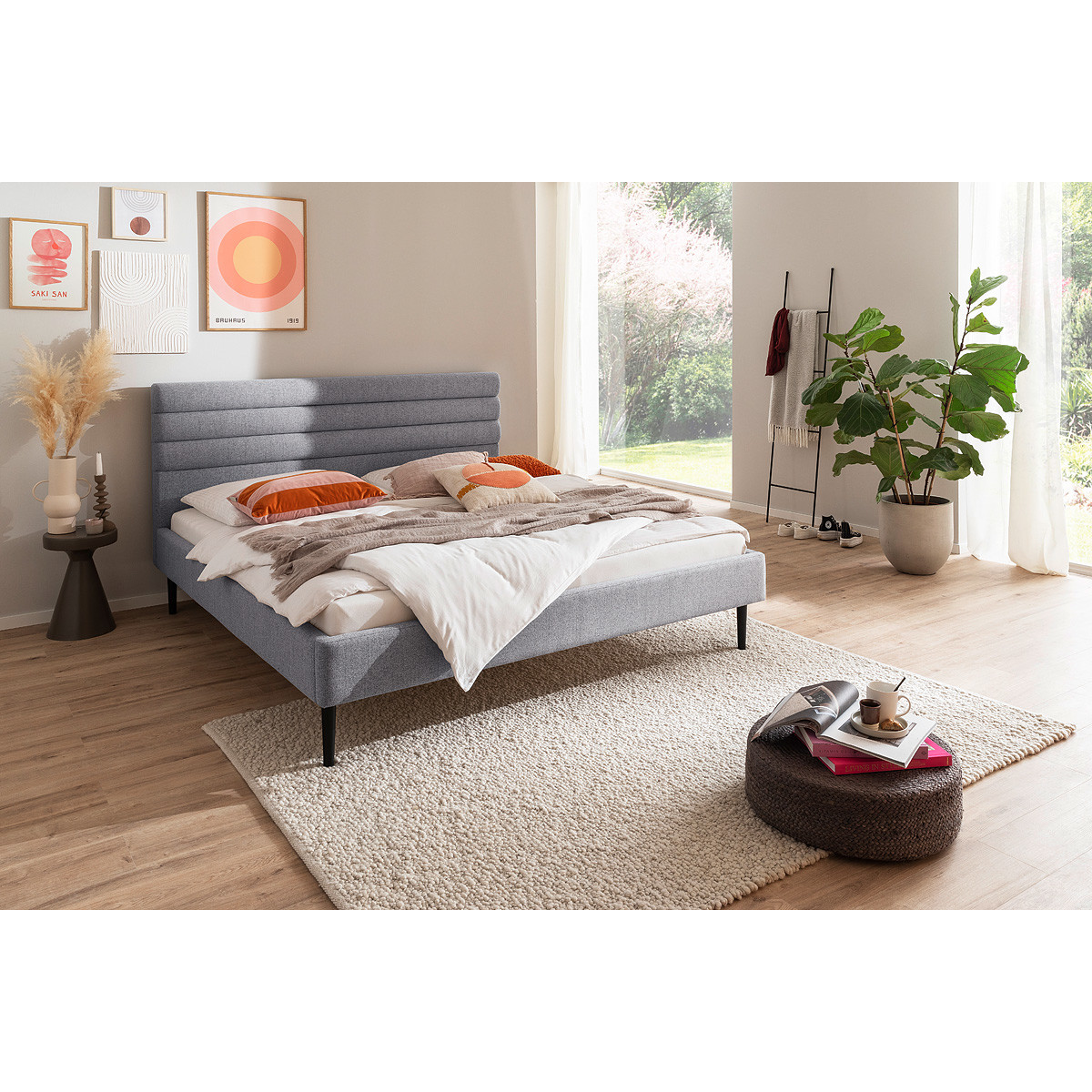 Polsterbett Agadir 180x200 Stoff Neve grau Holzfuß...
