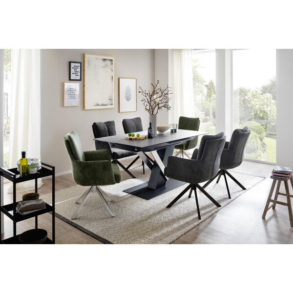 MASSARO Esstisch Tisch mit Säule 160 (210) cm Keramik Sicherheitsglas hellgrau