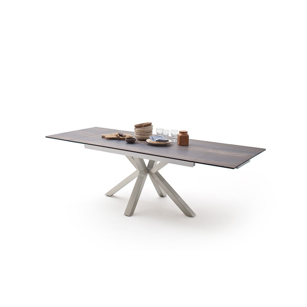 NAGANO Esstisch Tisch 160 (240) cm Edelstahl gebürstet Sicherheitsglas barrique