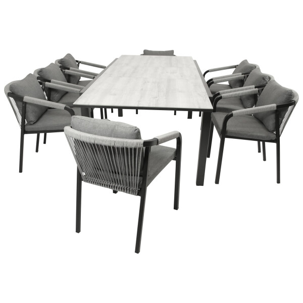 Garnitur Sitzgruppe 9-teilig, Aluminium anthrazit + Rope grau, Tischplatte Glas