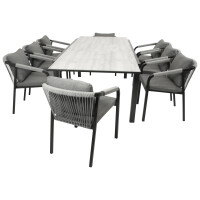 Garnitur Sitzgruppe 9-teilig, Aluminium anthrazit + Rope grau, Tischplatte Glas