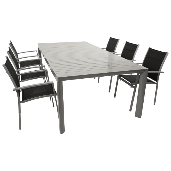 Garnitur Sitzgruppe 7-teilig, Aluminium ailbergrau + Kunstgewebe schwarz, Tischplatte Alu