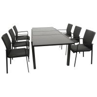 Garnitur Sitzgruppe 7-teilig, Aluminium + Kunstgewebe anthrazit, Tischplatte Glas schwarz