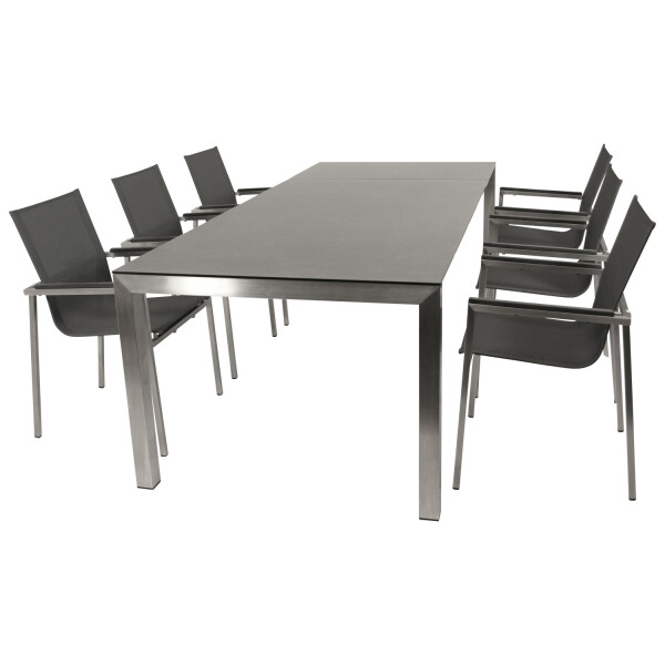 Garnitur Sitzgruppe 7-teilig, Edelstahl + Kunstgewebe anthrazit, Tischplatte Glas