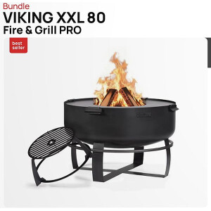 SET: Feuerschale XXL VIKING 80 cm mit Grillplatte 78 cm (4 Griffe) und hohem Grillrost für die 78 cm Grillplatte