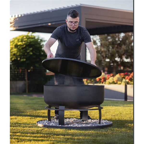 SET: Feuerschale XXL VIKING 80 cm mit Randdeckel 81,5 cm und runder dekorativer Steinbasis 100 cm
