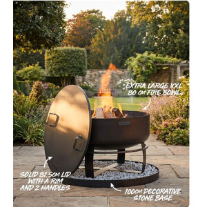 SET: Feuerschale XXL VIKING 80 cm mit Randdeckel 81,5 cm und runder dekorativer Steinbasis 100 cm