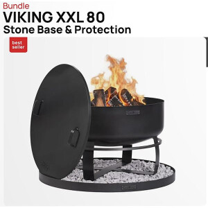 SET: Feuerschale XXL VIKING 80 cm mit Randdeckel 81,5 cm und runder dekorativer Steinbasis 100 cm