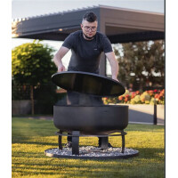 SET: Feuerschale XXL VIKING 80 cm mit Randdeckel 81,5 cm und runder dekorativer Steinbasis 100 cm
