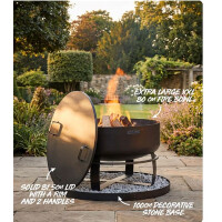 SET: Feuerschale XXL VIKING 80 cm mit Randdeckel 81,5 cm und runder dekorativer Steinbasis 100 cm
