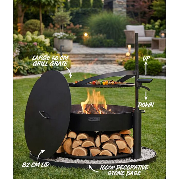 SET: Multifunktionale Feuerschale MONTANA 80 cm mit Grillrost 60 cm, Deckel 82,0 cm und runder dekorativer Steinbasis 100 cm